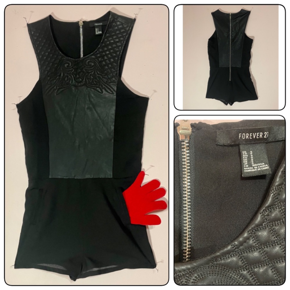 BLACK SHORTS JUMPSUIT… w/ FAUX LEATHER…Sz S…💖Preloved💖 - Picture 7 of 8